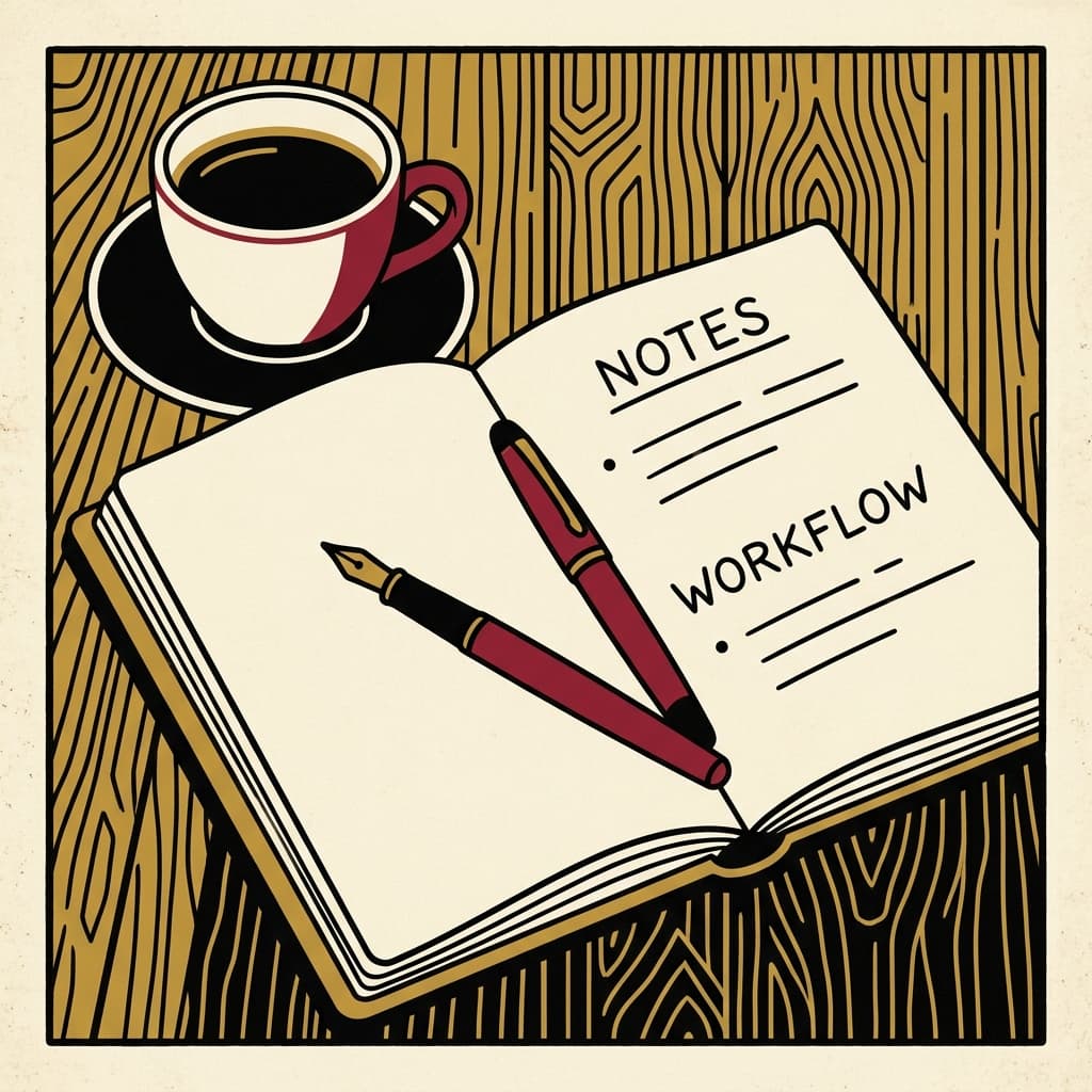 Vienna Secession style graphic poster illustration of a coffee cup, open notebook and fountain pen, in the style of Julius Klinger