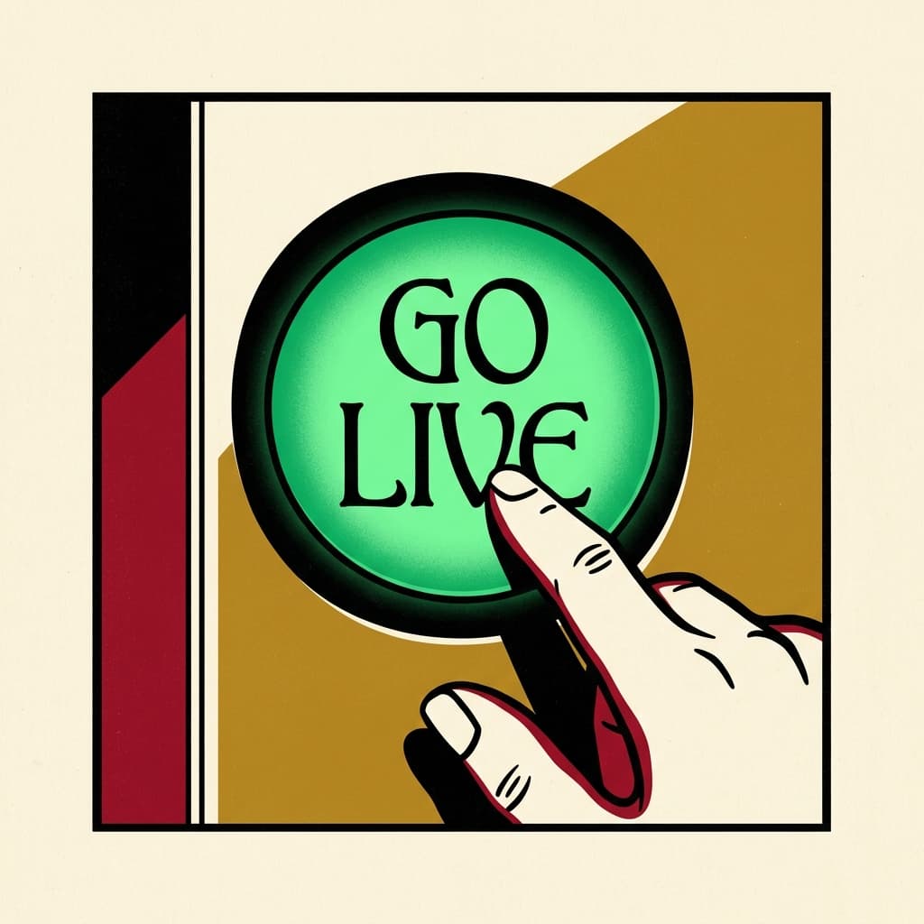 Vienna Secession style graphic poster illustration of a hand pressing a glowing green 'GO LIVE' button, in the style of Julius Klinger