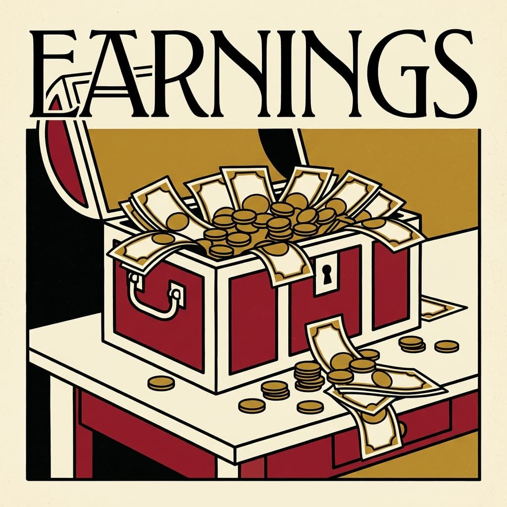 Vienna Secession style graphic poster illustration of a chest with spilling banknotes and coins, in the style of Julius Klinger